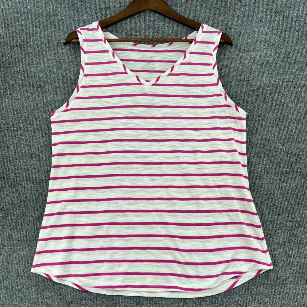 Chicos Ultimate Tee Tank Top Womens 2 L Pink Striped V-Neck Slub Knit Preppy